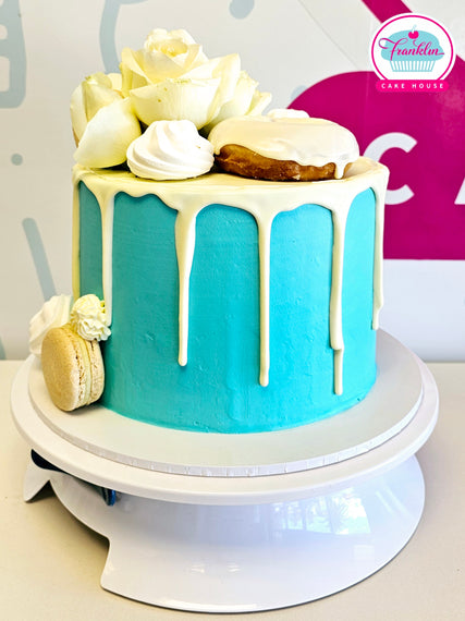 White chocolate Drip Cake - with donuts and macarons