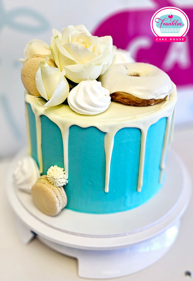 White chocolate Drip Cake - with donuts and macarons