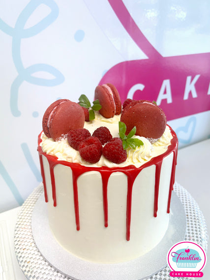 Raspberry Drip Cake - with Macarons