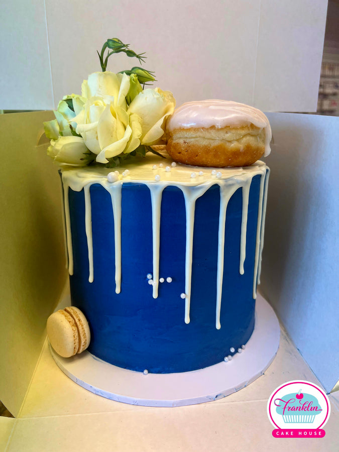 Navy Blue Drip Cake- with donuts and macarons